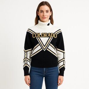 Vintage Colorado Buffaloes Cheer Sweater Black White Gold Turtleneck Sz 36 S/M